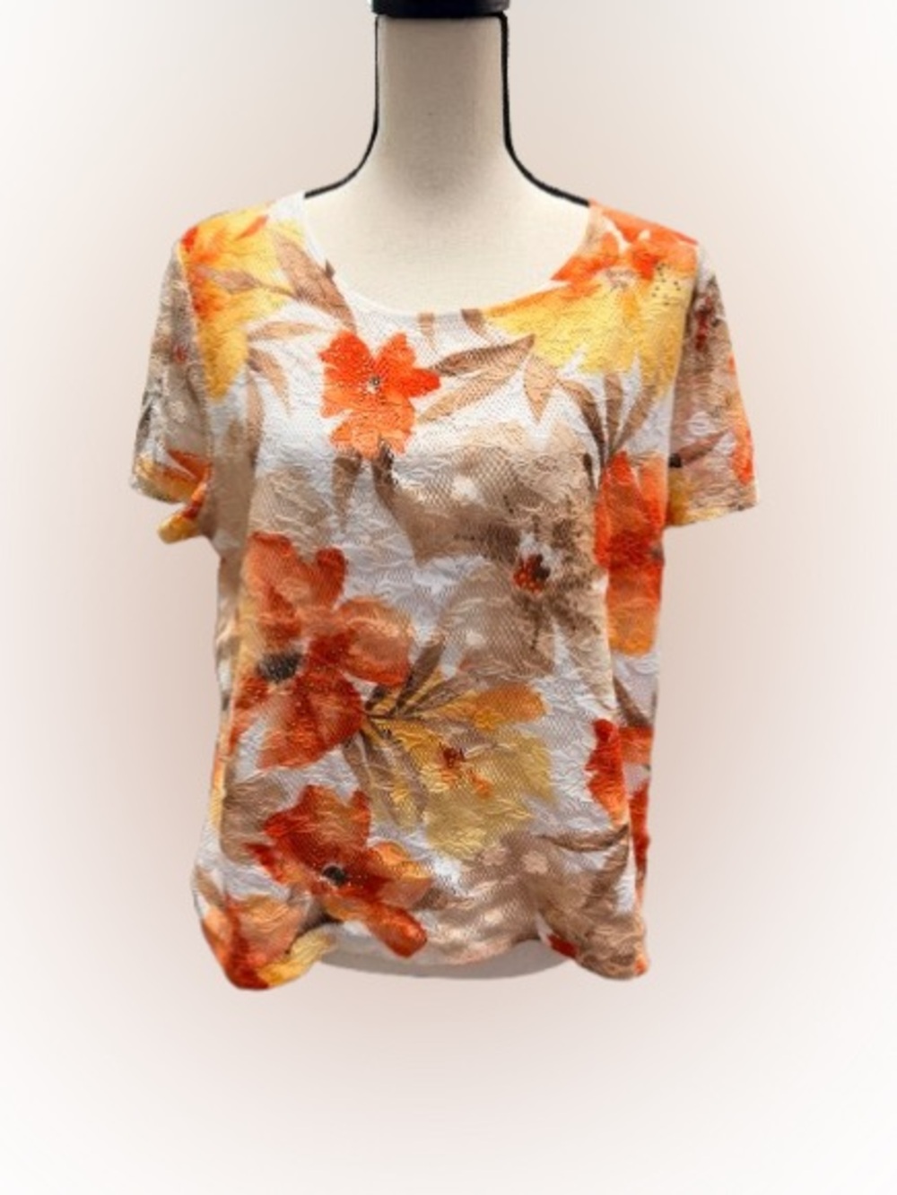 Alfred Dunner Petite XL Floral Lace Top Orange Gold Beaded Short Sleeve PXL